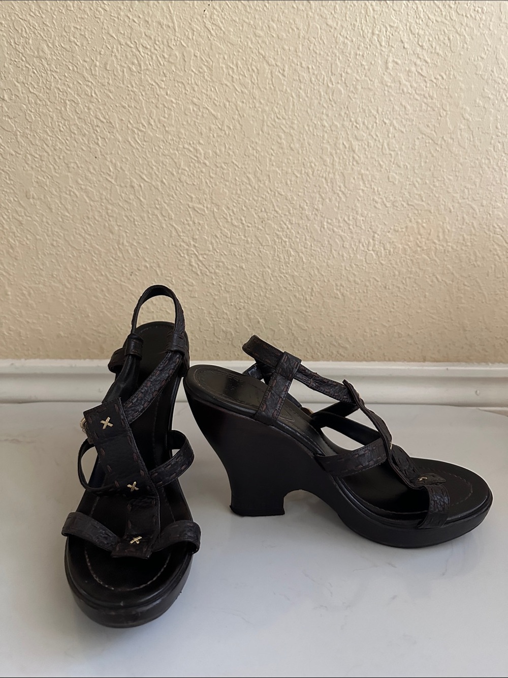 Vintage Fendi Black Strappy Platform Wedge Sandals